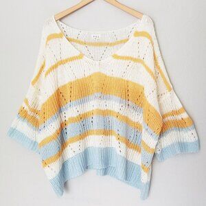POL Ivory Yellow Blue Crochet Open Knit Striped Boxy Sweater V Neck Oversized M